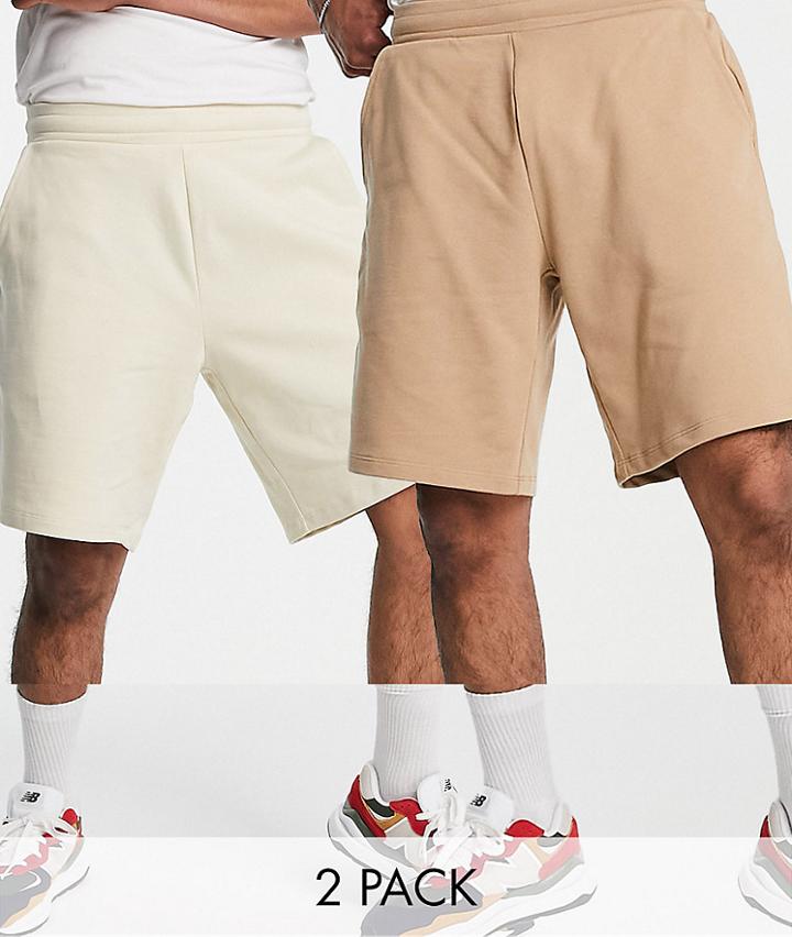Asos Design Oversized Jersey Shorts In Beige/brown 2 Pack-multi