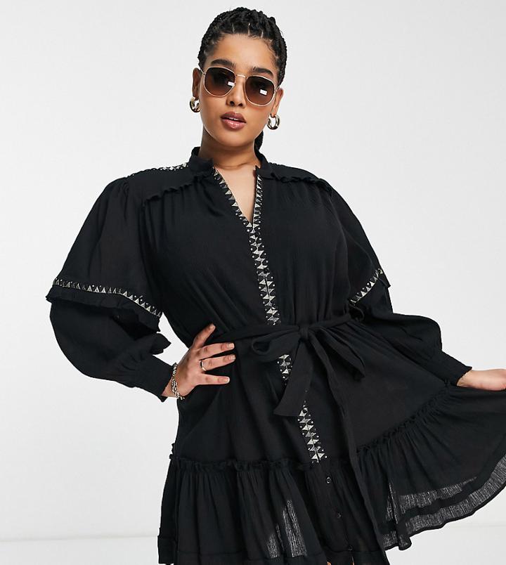 River Island Plus Lace Shirt Smock Mini Beach Dress In Black