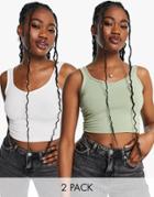 Miss Selfridge 2 Pack Sleeveless Sweetheart Neck Crop Top In White And Sage