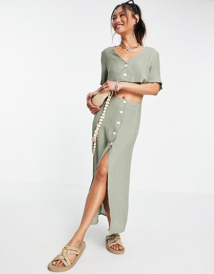 Asos Design Midi Skirt With Button Front In Sage - Part Of A Set-green