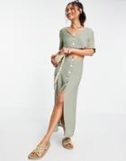 Asos Design Midi Skirt With Button Front In Sage - Part Of A Set-green