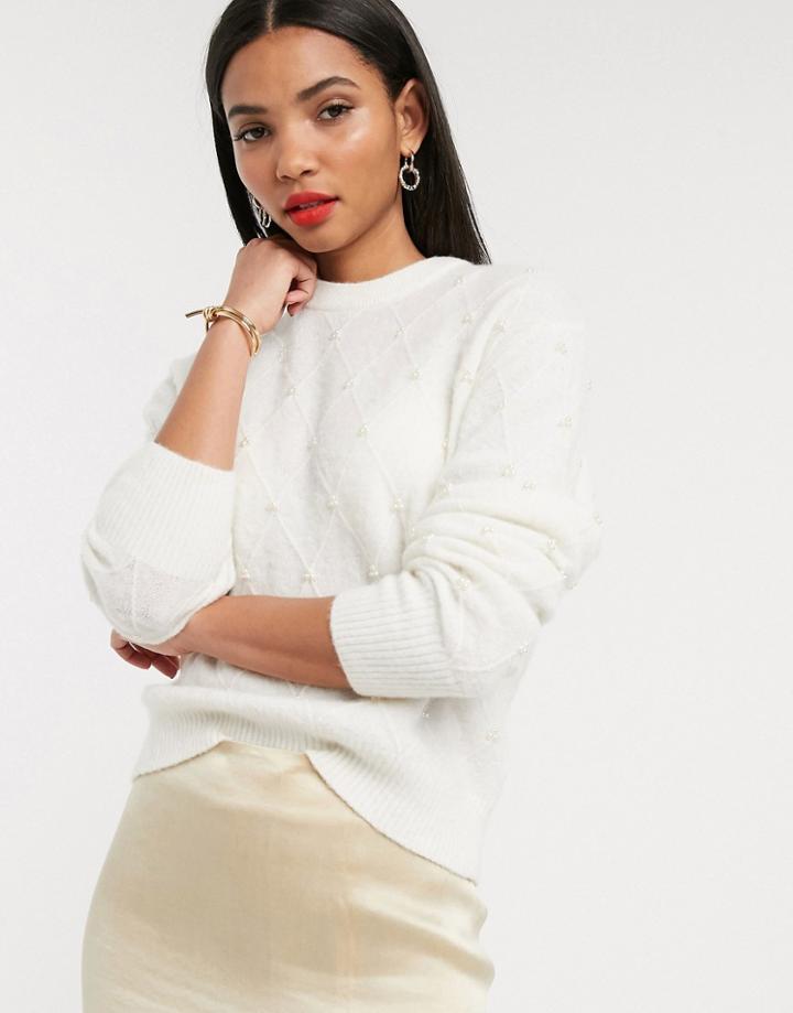 & Other Stories Pearl Embellished Round Neck Sweater In Off White-cream