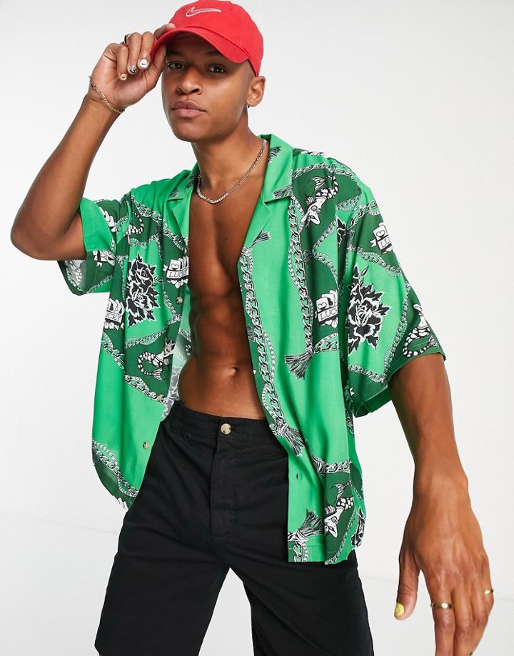 Asos Design Dropped Shoulder Oversized Camp Collar Shirt In Green Rope Print