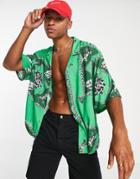 Asos Design Dropped Shoulder Oversized Camp Collar Shirt In Green Rope Print