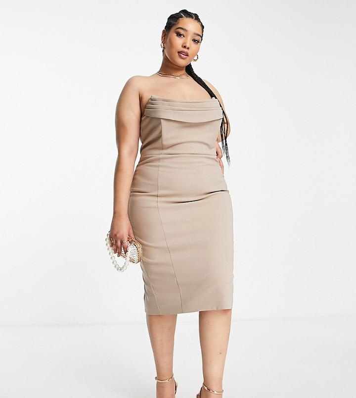 Lavish Alice Plus Cowl Front Bandeau Midi Pencil Dress In Stone-neutral