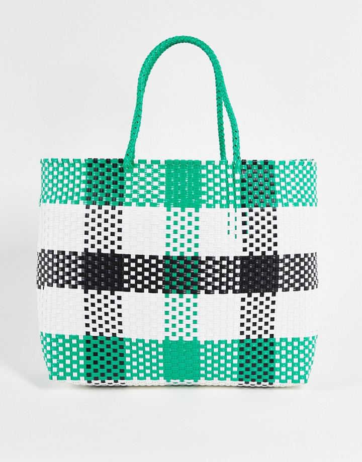Asos Design Plastic Weave Tote In Check Design-multi