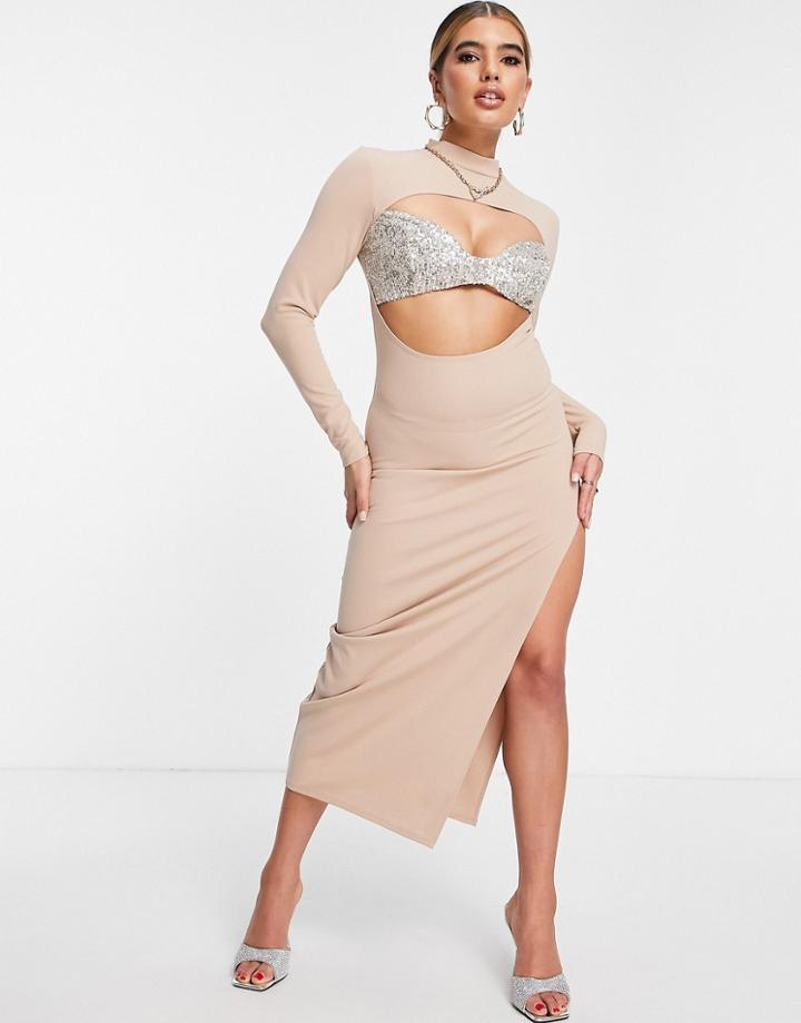 Asos Design Long Sleeve High Neck Cut Out Sequin Bralette Midi Dress In Blush-pink