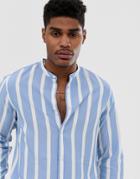 Bershka Striped Shirt With Grandad Collar In Blue - Blue