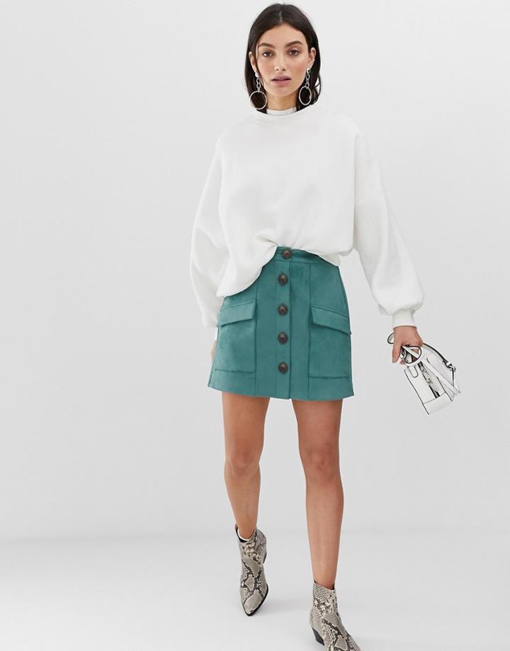 Stradivarius Faux Suede Button Front Mini Skirt In Blue - Blue
