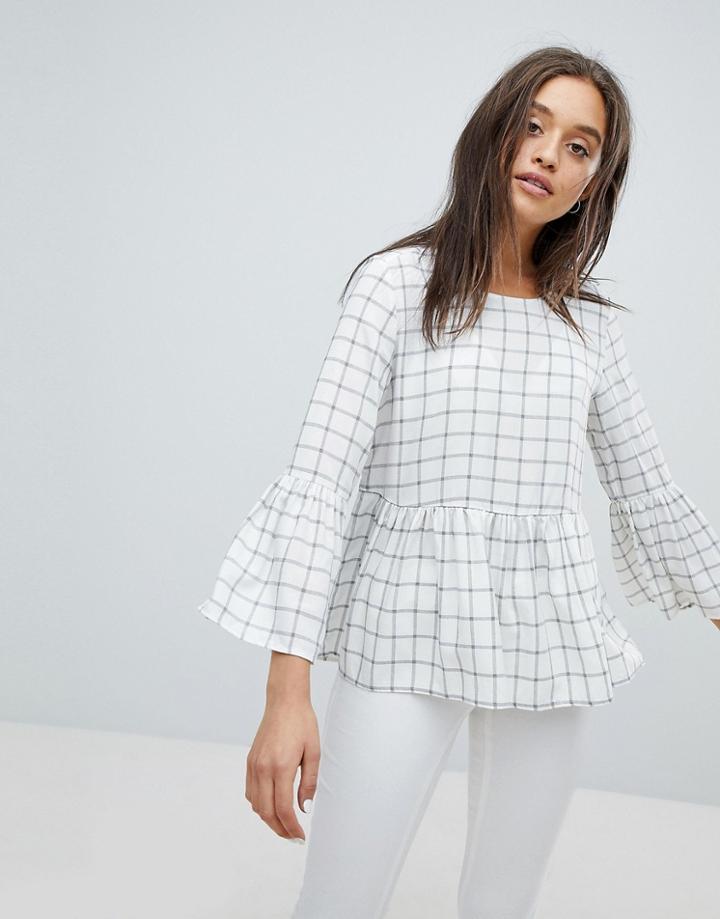 Esprit Check Smock Top In White - Navy