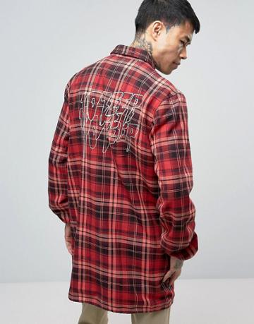 10 Deep Flannel Long Coach Jacket With Back Print - Red