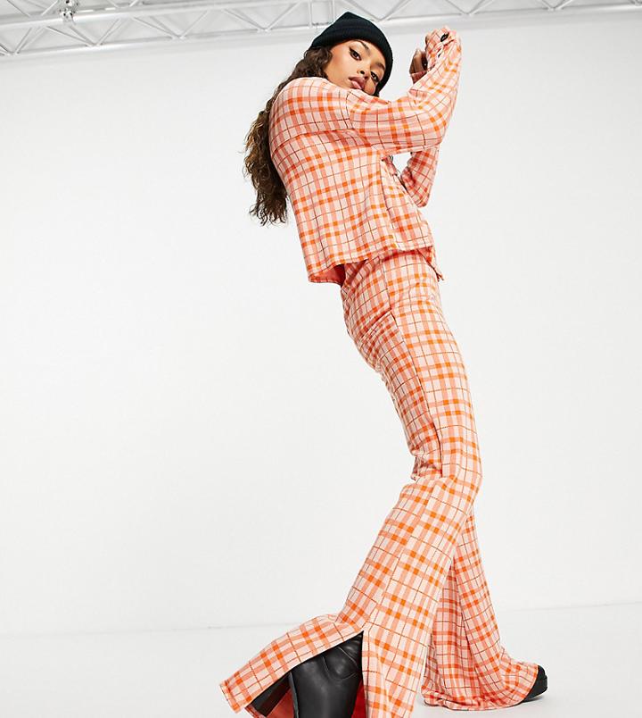 Asos Design Petite Jersey Suit Flare With Slit Detail In Orange Plaid-multi