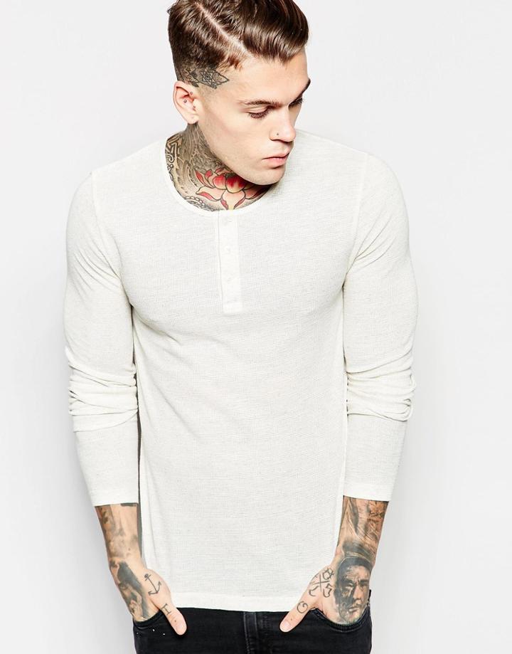 Asos Linen Mix Muscle Long Sleeve Top With Grandad Neck - Beige