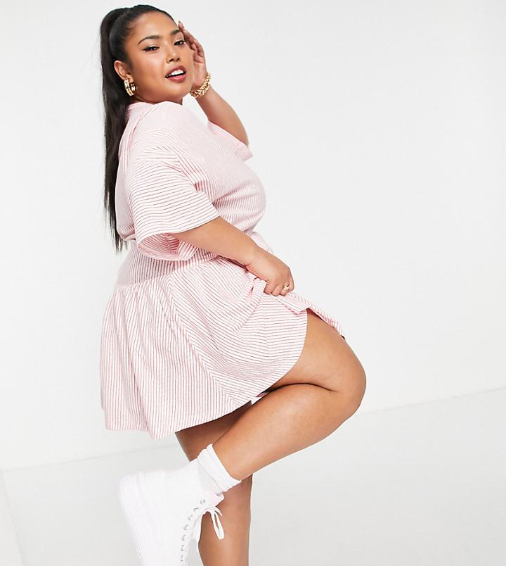 Asos Design Curve Oversized Mini Smock Dress With Dropped Waist In Red And White Stripe