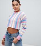 Prettylittlething Crew Neck Cropped Sweater In Stripe - Multi