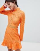 Lioness High Neck Cutwork Lace Mini Skater Dress - Orange