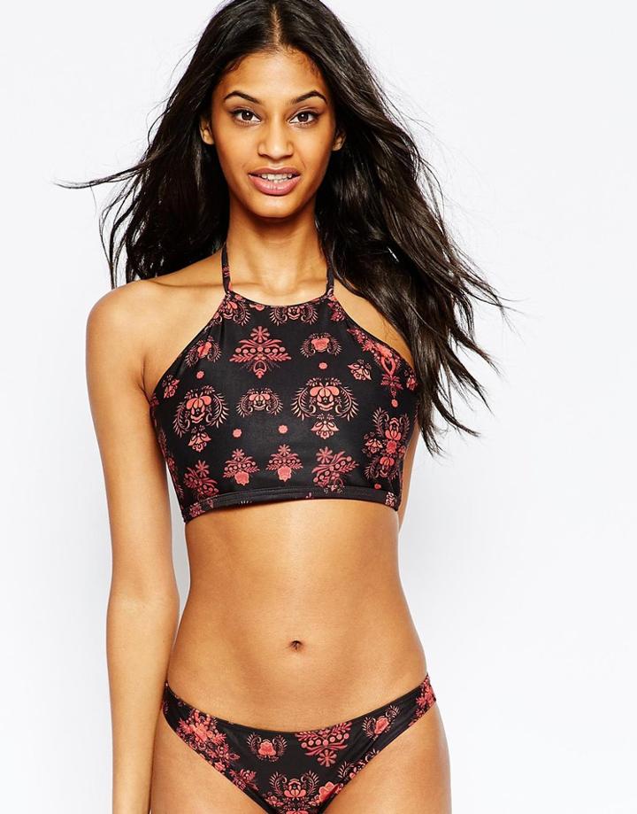 Asos Fuller Bust Exclusive Flame Baroque Print Halter Crop Bikini Top Dd-f - Flame Baroque