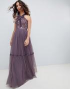 Needle And Thread High Neck Embroidered Maxi Gown In Purple - Purple