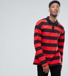 Sixth June Tall Oversized Rugby Polo Shirt In Black With Red Stripes - Black