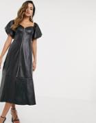 Asos Design Leather Look Off Shoulder Zip Through Midi Dress In Black