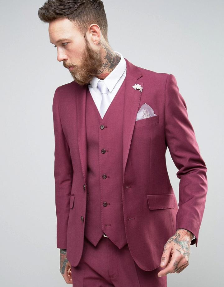 Devils Advocate Wedding Skinny Fit Burgundy Pink Suit Jacket With Flower Lapel - Pink