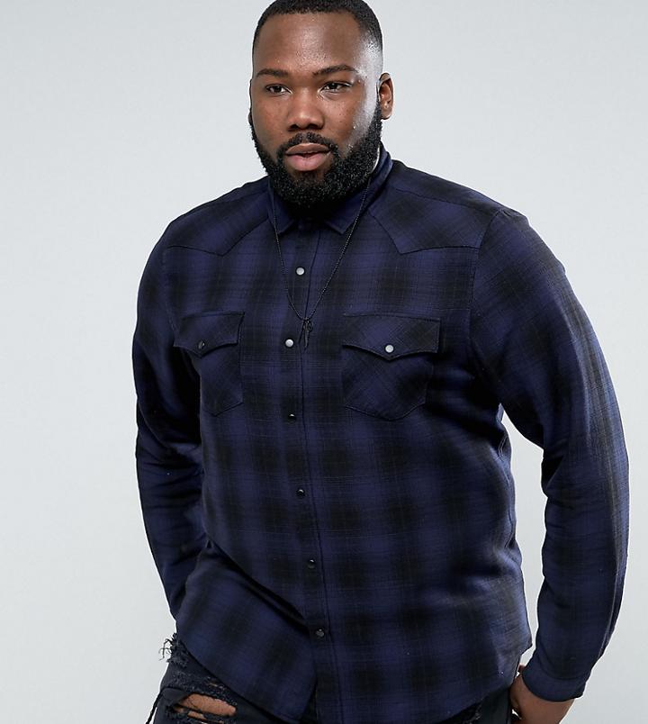 Asos Design Plus Regular Fit Western Check Shirt - Navy