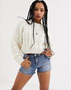 Bershka Cropped Cable Knit Sweater In Cream