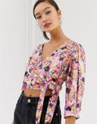 Monki Floral Print Tie Front Cropped Blouse In Pink - Pink