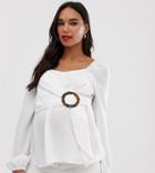 Asos Design Maternity Long Sleeve Square Neck Top With Buckle Detail-white