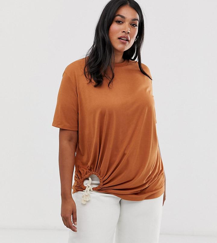 Asos Design Curve T-shirt With Rope Trim Tie Side - Brown
