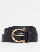 Asos Design Faux Leather Slim Belt In Black With Gold Horseshoe Buckle - Black