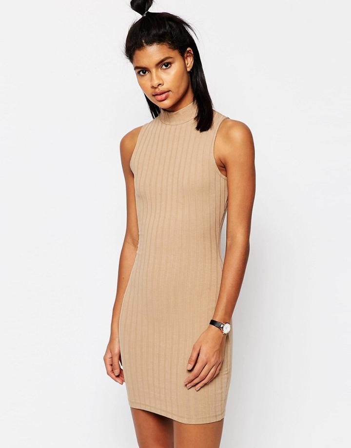 Asos Sleeveless Chunky Rib Body-conscious Dress - Brown