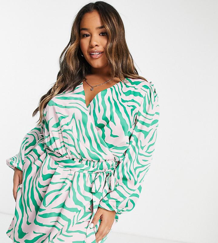 River Island Plus Zebra Satin Wrap Mini Dress In Light Pink