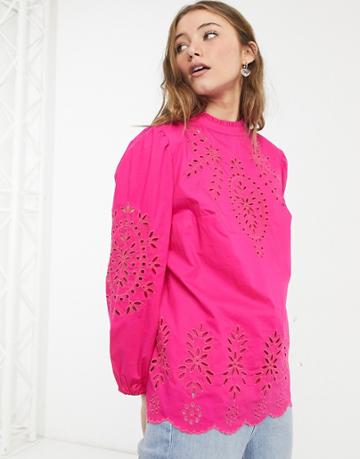 J Crew High Neck Puff Sleeve Embroidered Blouse In Hot Pink