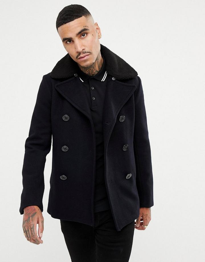 Schott Cyclone 4 Wool Reefer Coat Detachable Faux Fur Collar In Navy - Navy