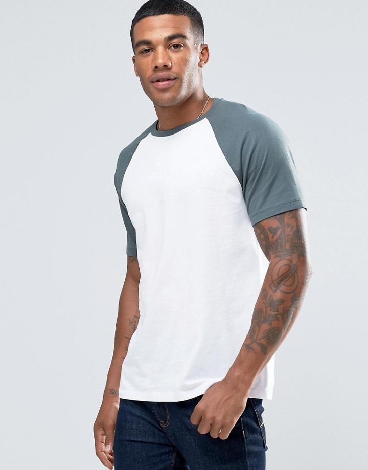 Asos T-shirt With Contrast Raglan Sleeve In White/blue - White