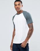 Asos T-shirt With Contrast Raglan Sleeve In White/blue - White