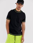 Asos Design Organic T-shirt With Crew Neck In Black With Neon Yellow Flatlocking - Black