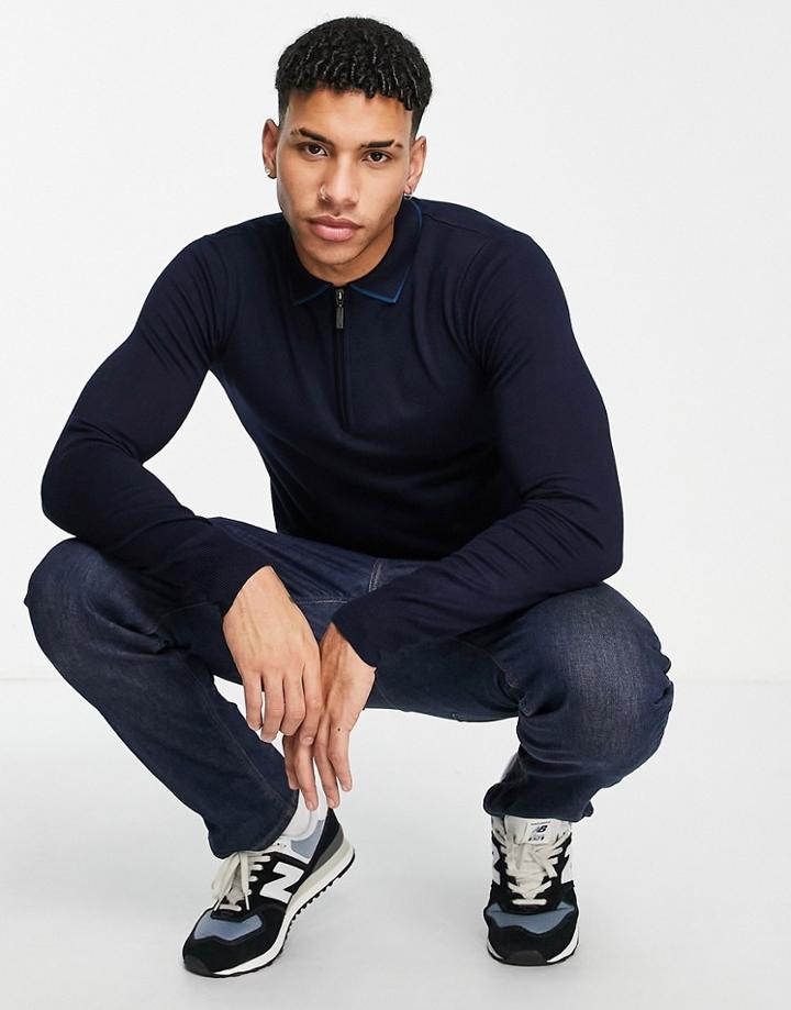 Gianni Feraud Tipped Knitted Zip Polo Shirt-navy