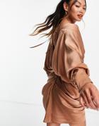Asos Design Drape Detail Wrap Dress With Batwing Sleeve-brown