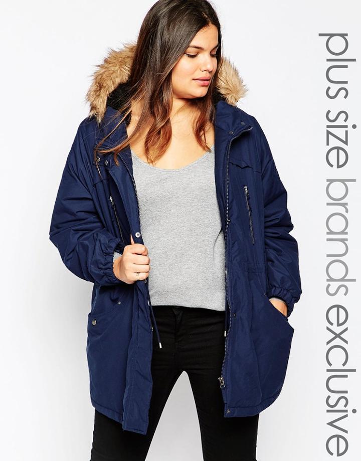 Junarose Padded Zip Detail Parka With Fur Trim - Navy