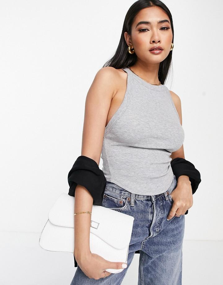 Asos Design Ribbed Tank Top With Asymmetrical Strap In Gray Heather