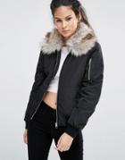 Only Bomber Jacket With Detachable Faux Fur Collar - Black