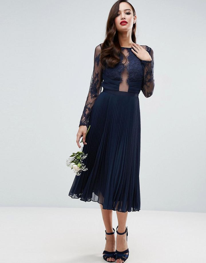 Asos Wedding Pretty Lace Eyelash Pleated Midi Dress - Navy