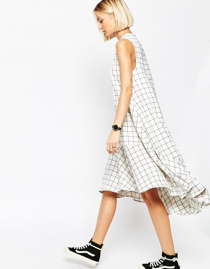 Asos White Trapeze Dress In Grid Print - Multi
