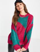 Topshop Knitted Argyle Boucle Sweater In Fushia And Green-multi
