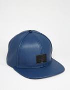Asos Snapback Cap In Blue Faux Leather - Blue