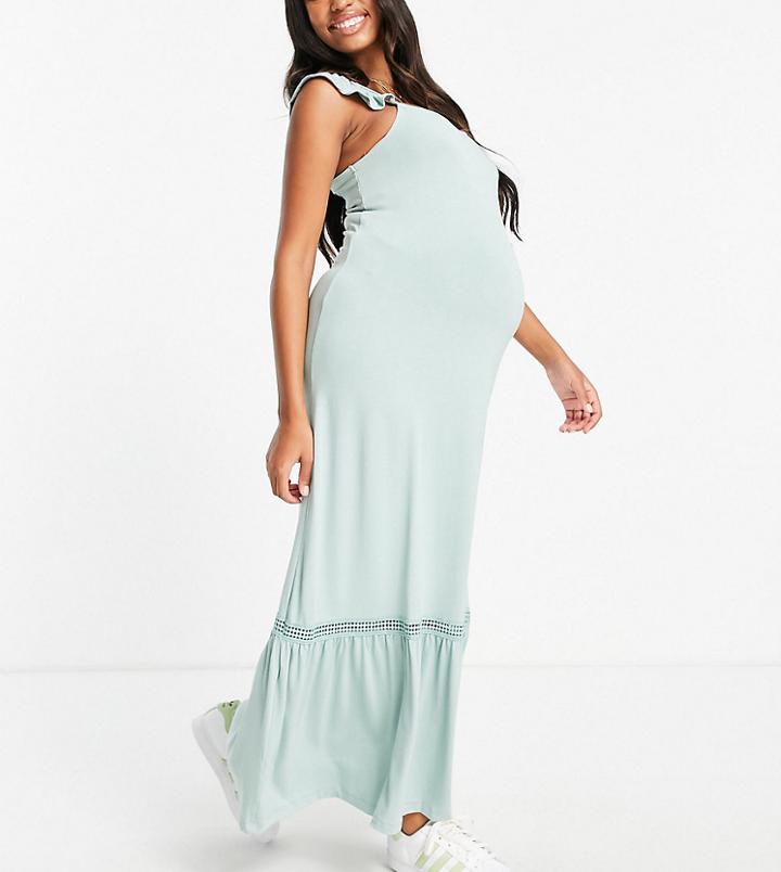 Asos Design Maternity Frill Sleeve Maxi Sundress With Lace Inserts In Sage Green