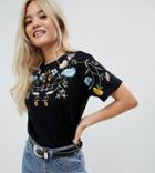 Asos Design Petite T-shirt With Bright Floral Embroidery - Black