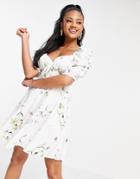 Missguided Milkmaid Dress With Short Sleeves In Floral Print-white